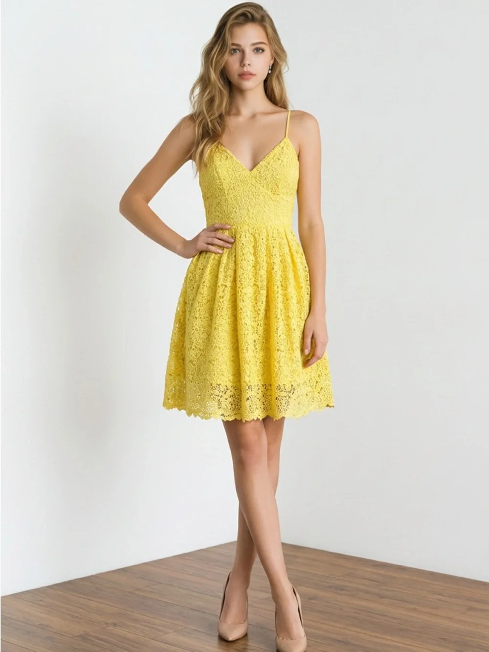 H&M | Dresses | Yellow Lace Mini Dress Fit Flare Floral Size 4 Hm Summer  Wedding Guest | Poshmark
